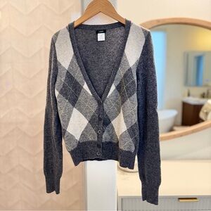 J. Crew Women's Wool Gray Argyle V-neck Cardigan Sweater - XS
